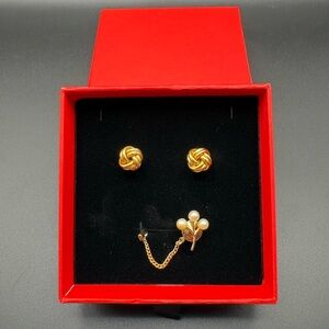 Vintage Gold Knot Cufflinks w Pearl Cluster Tie Tack Chain Mens Formal Set